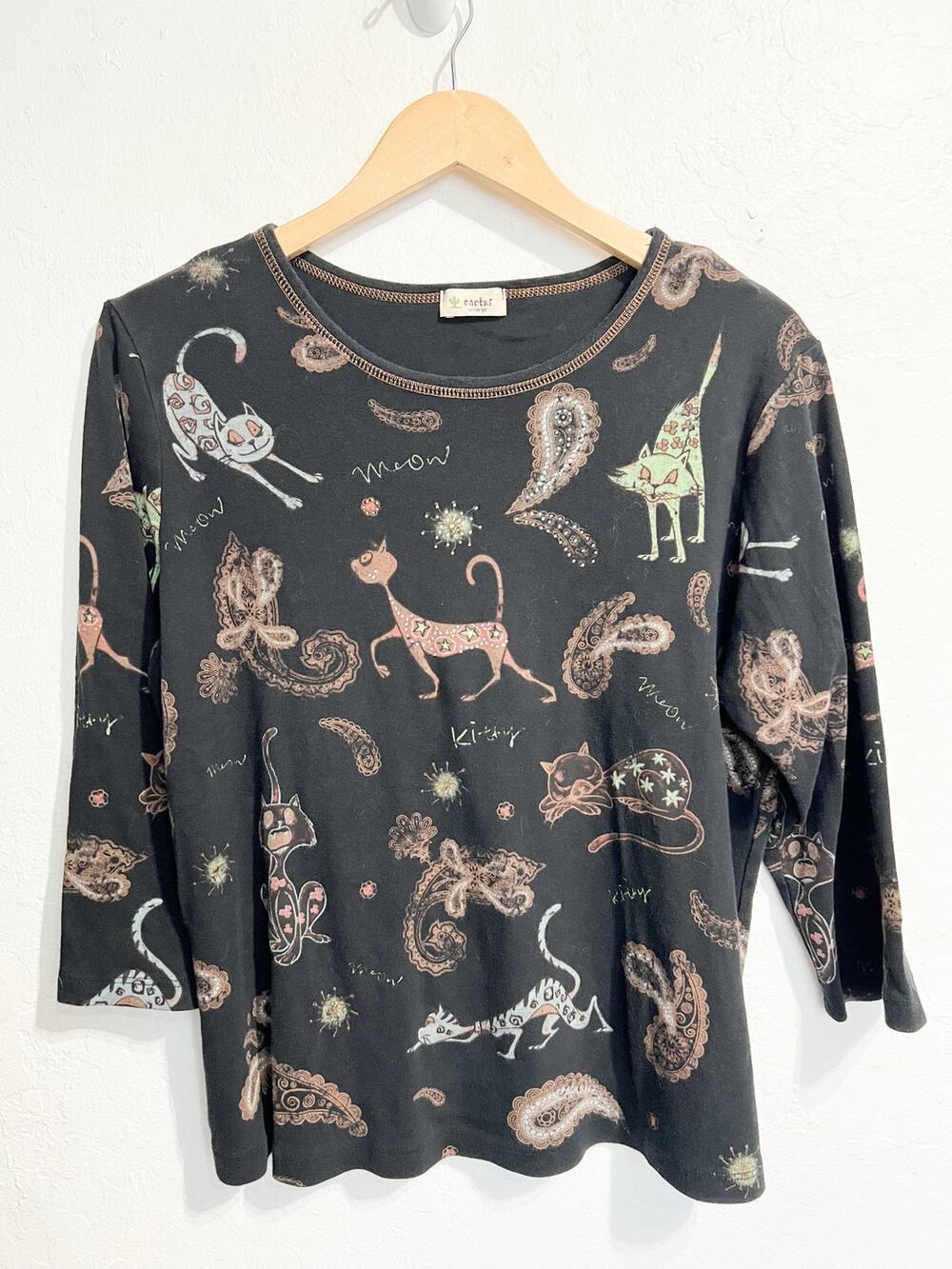 VTG Cactus Shirt Tee XL Cats Rhinestone Cats Black Kitty Meow Paisley